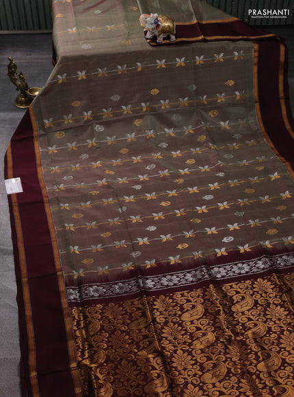 Pure uppada silk saree pasel green and coffee brown with allover zari weaves & buttas and zari woven border