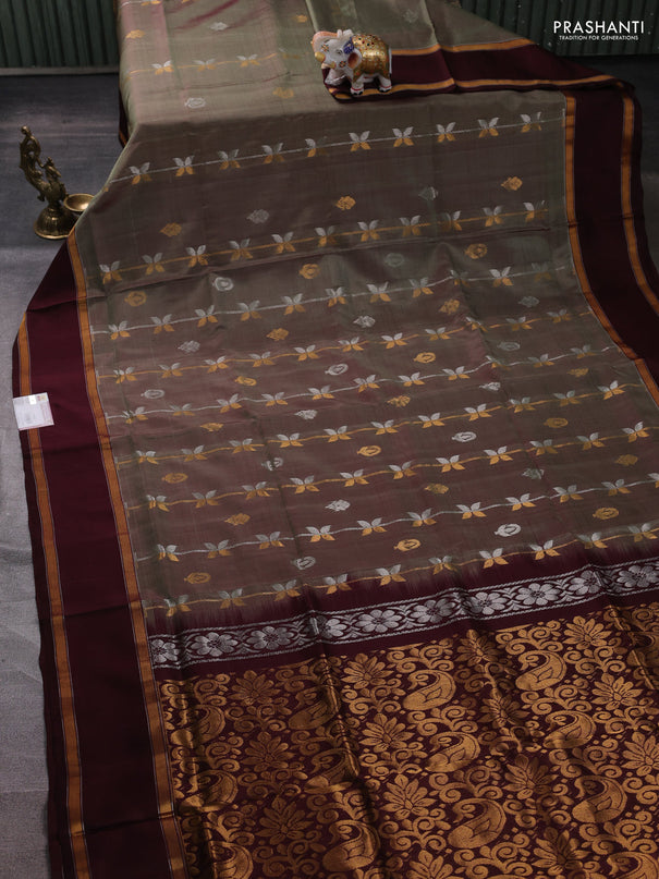 Pure uppada silk saree pasel green and coffee brown with allover zari weaves & buttas and zari woven border