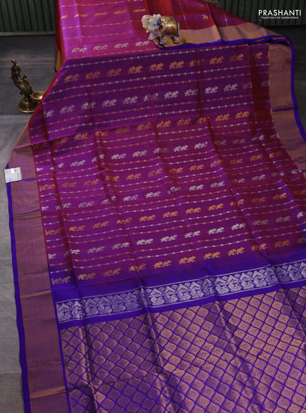Pure uppada silk saree dual shade of rust shade and royal blue with allover zari weaves & buttas and zari woven border