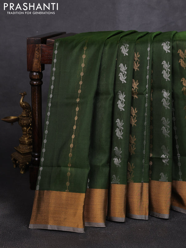 Pure uppada silk saree mehendi green and grey with allover zari weaves & buttas and zari woven border