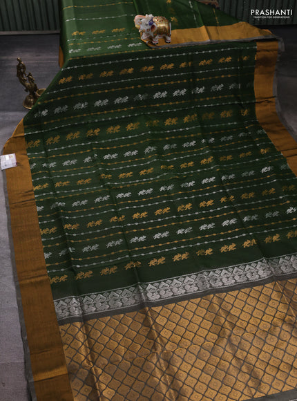 Pure uppada silk saree mehendi green and grey with allover zari weaves & buttas and zari woven border