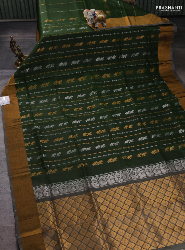 Pure uppada silk saree mehendi green and grey with allover zari weaves & buttas and zari woven border