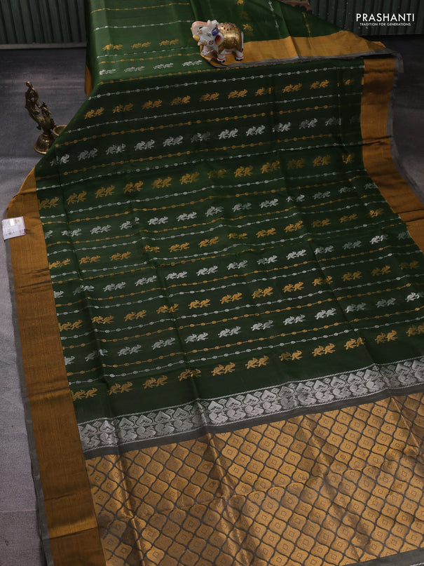 Pure uppada silk saree mehendi green and grey with allover zari weaves & buttas and zari woven border