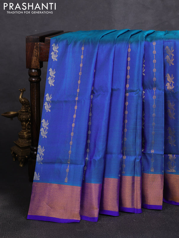 Pure uppada silk saree dual shade of greenish blue and royal blue with allover silver & zari weaves & buttas and zari woven border