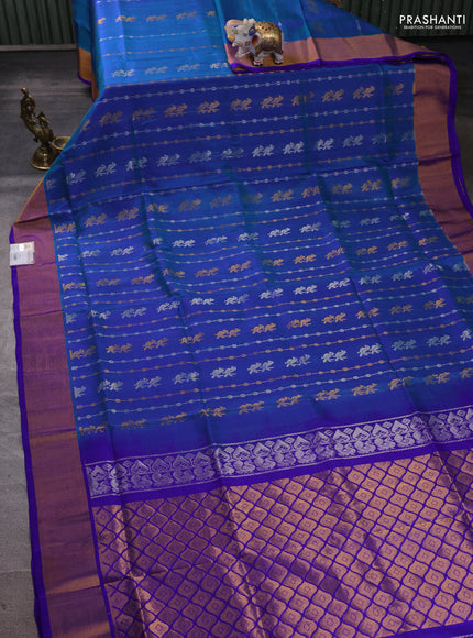 Pure uppada silk saree dual shade of greenish blue and royal blue with allover silver & zari weaves & buttas and zari woven border