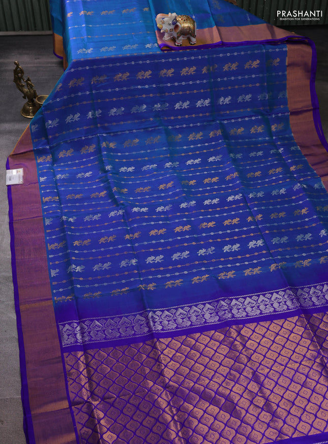 Pure uppada silk saree dual shade of greenish blue and royal blue with allover silver & zari weaves & buttas and zari woven border