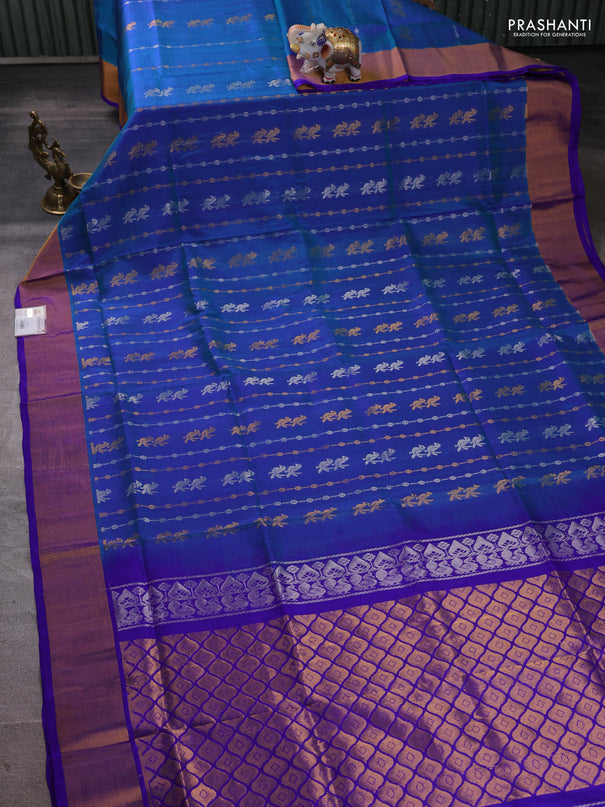 Pure uppada silk saree dual shade of greenish blue and royal blue with allover silver & zari weaves & buttas and zari woven border