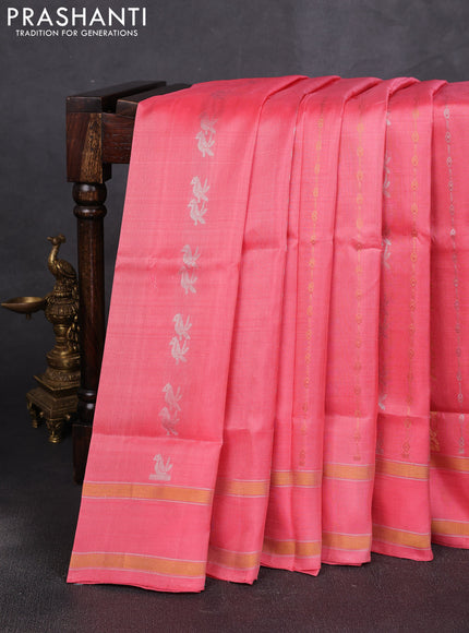 Pure uppada silk saree peach pink with allover silver & zari weaves & buttas and rettapet zari woven border