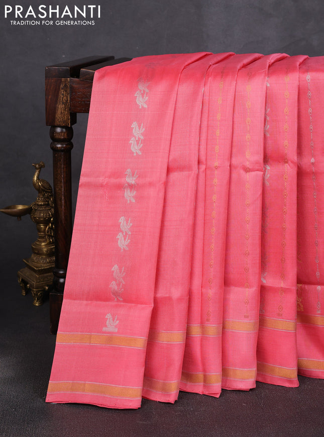 Pure uppada silk saree peach pink with allover silver & zari weaves & buttas and rettapet zari woven border