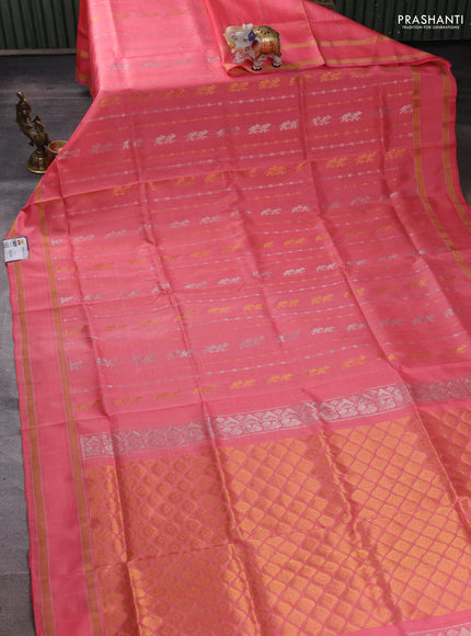 Pure uppada silk saree peach pink with allover silver & zari weaves & buttas and rettapet zari woven border