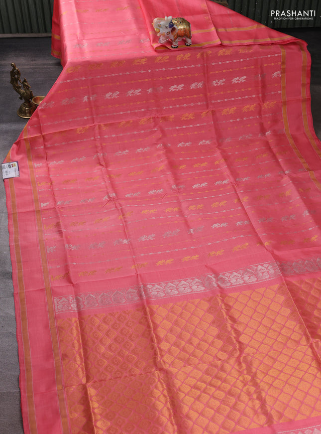 Pure uppada silk saree peach pink with allover silver & zari weaves & buttas and rettapet zari woven border