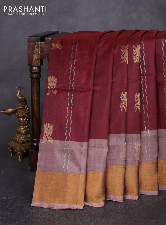 Pure uppada silk saree coffee brown and pastel pink with allover silver zari weaves & buttas and long zari woven border