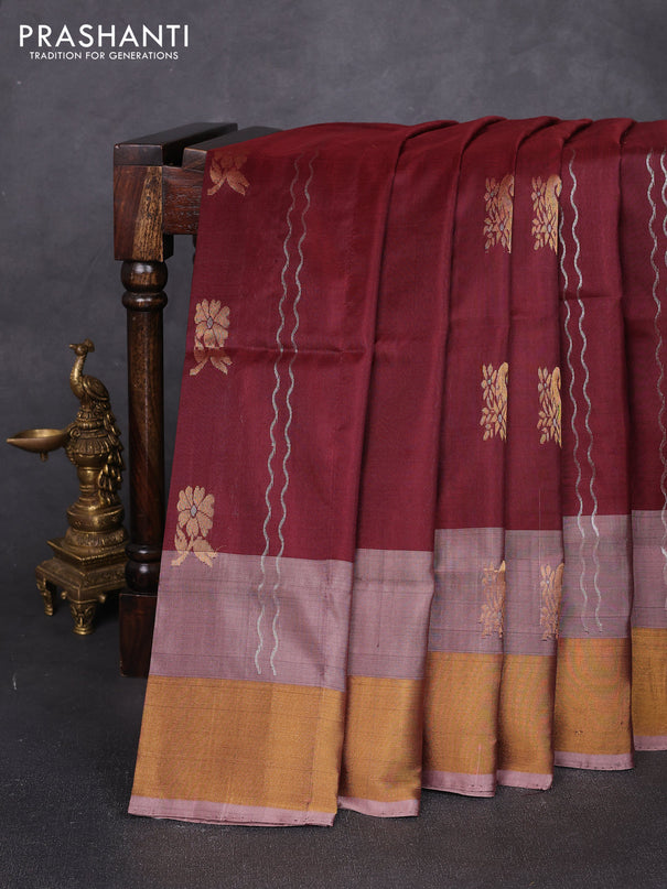 Pure uppada silk saree coffee brown and pastel pink with allover silver zari weaves & buttas and long zari woven border