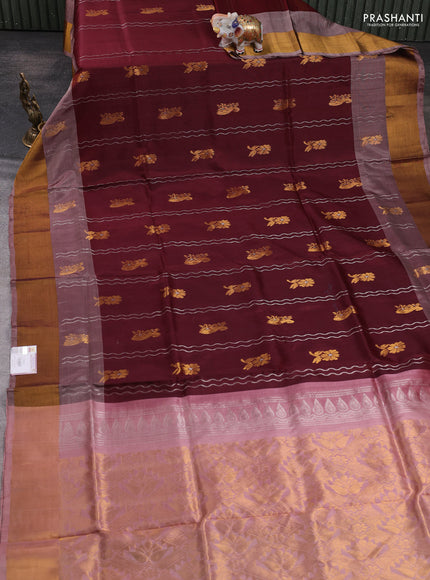 Pure uppada silk saree coffee brown and pastel pink with allover silver zari weaves & buttas and long zari woven border