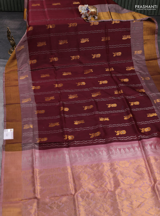 Pure uppada silk saree coffee brown and pastel pink with allover silver zari weaves & buttas and long zari woven border