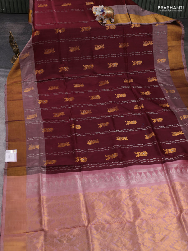 Pure uppada silk saree coffee brown and pastel pink with allover silver zari weaves & buttas and long zari woven border
