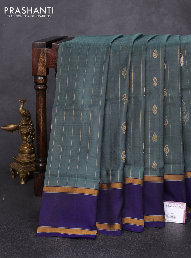 Pure uppada silk saree greyish green and violet with allover zari weaves & buttas and rettapet zari woven border