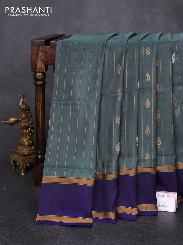 Pure uppada silk saree greyish green and violet with allover zari weaves & buttas and rettapet zari woven border