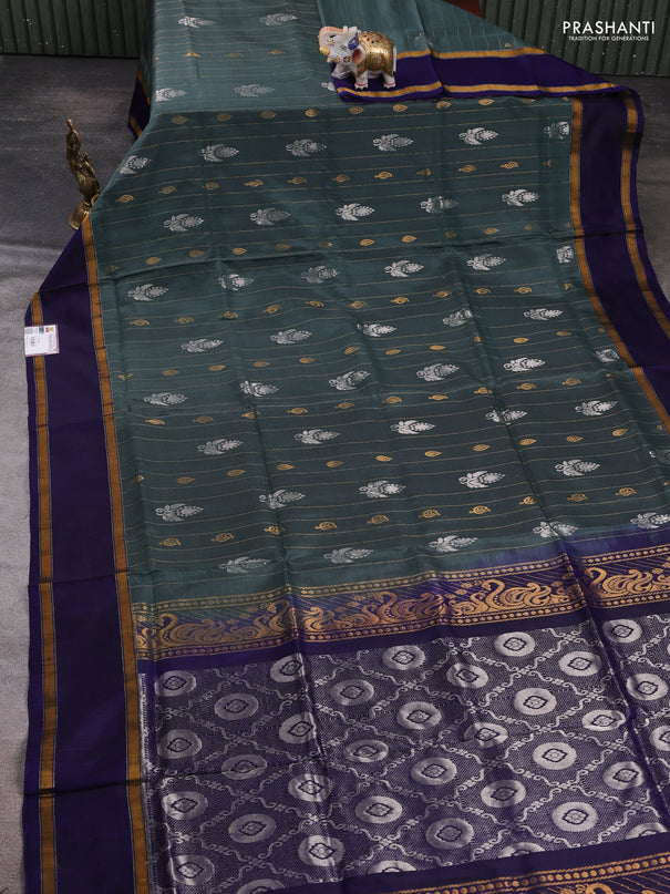 Pure uppada silk saree greyish green and violet with allover zari weaves & buttas and rettapet zari woven border
