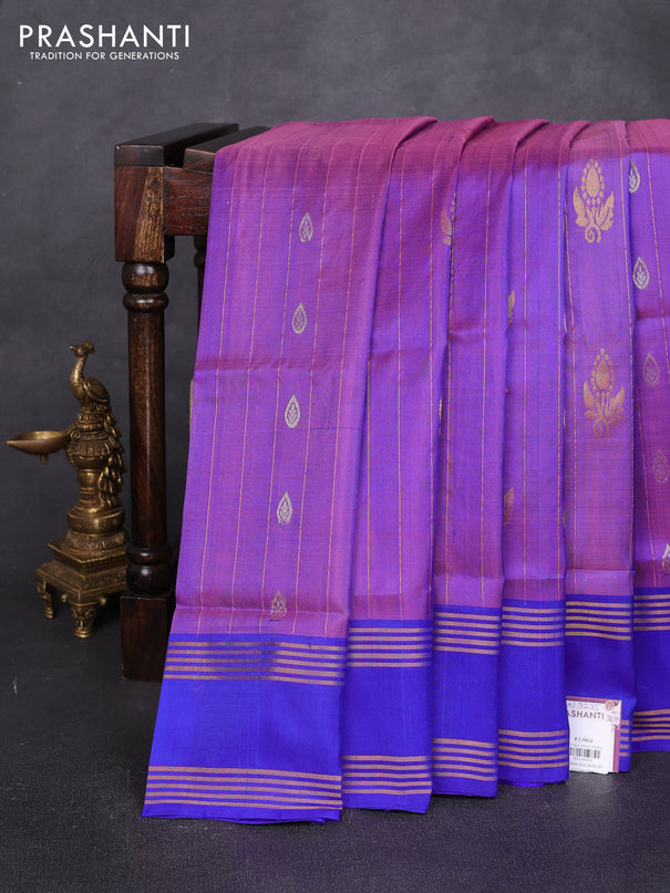 Pure uppada silk saree purple and royal blue with allover zari weaves & buttas and rettapet zari woven border