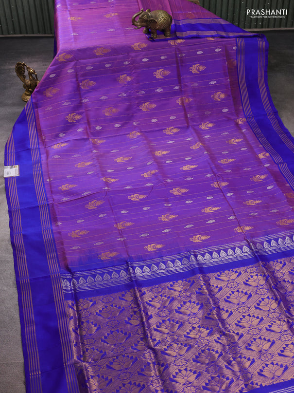 Pure uppada silk saree purple and royal blue with allover zari weaves & buttas and rettapet zari woven border
