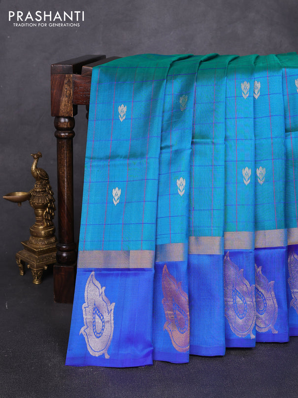Pure uppada silk saree teal green and blue with allover checks & buttas and zari woven butta border