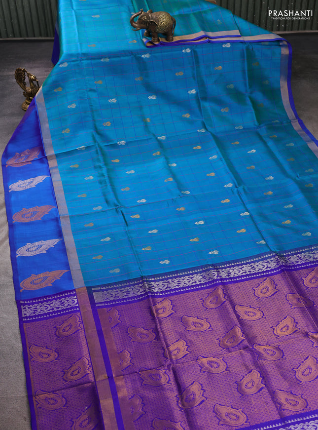 Pure uppada silk saree teal green and blue with allover checks & buttas and zari woven butta border