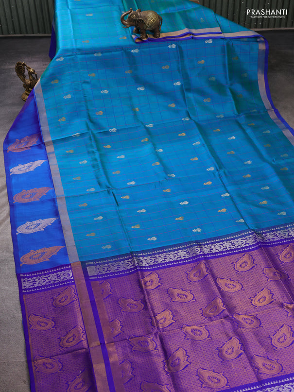 Pure uppada silk saree teal green and blue with allover checks & buttas and zari woven butta border