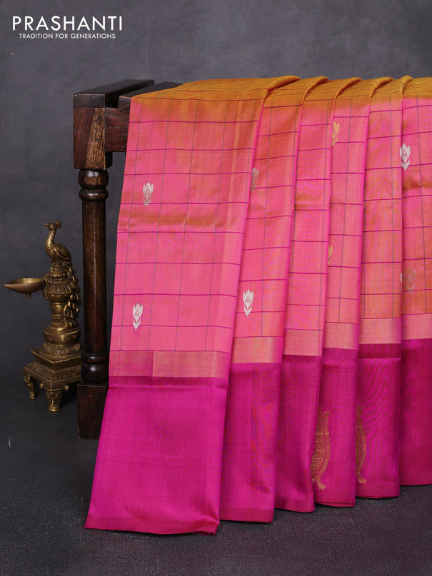 Pure uppada silk saree dual shade of pink and wine shade with allover checks & zari woven buttas and zari woven butta border