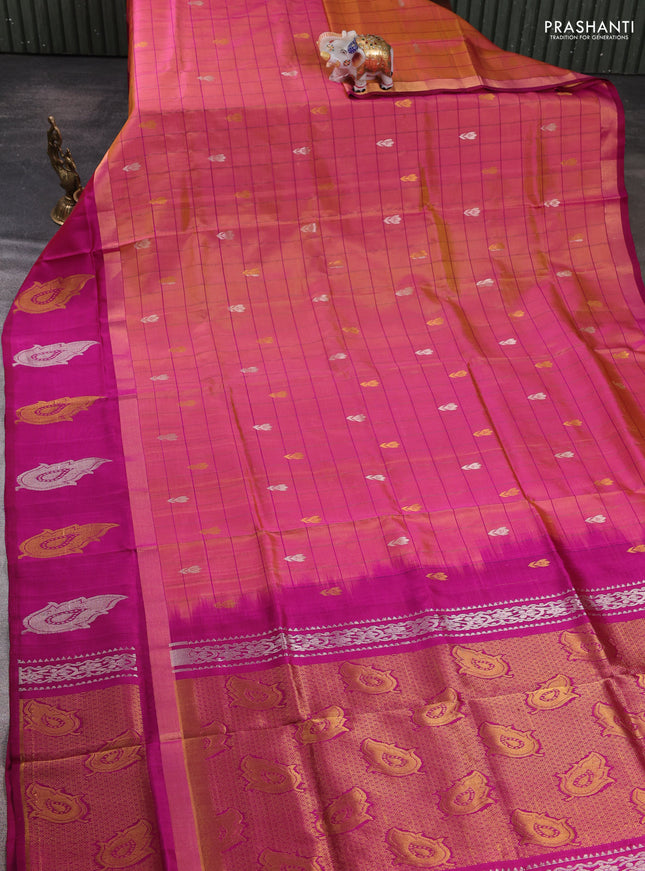 Pure uppada silk saree dual shade of pink and wine shade with allover checks & zari woven buttas and zari woven butta border