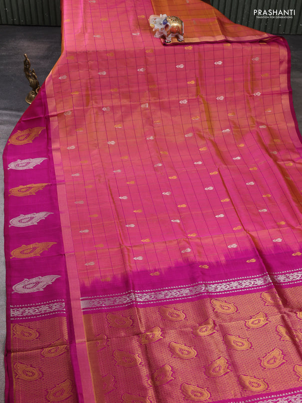 Pure uppada silk saree dual shade of pink and wine shade with allover checks & zari woven buttas and zari woven butta border