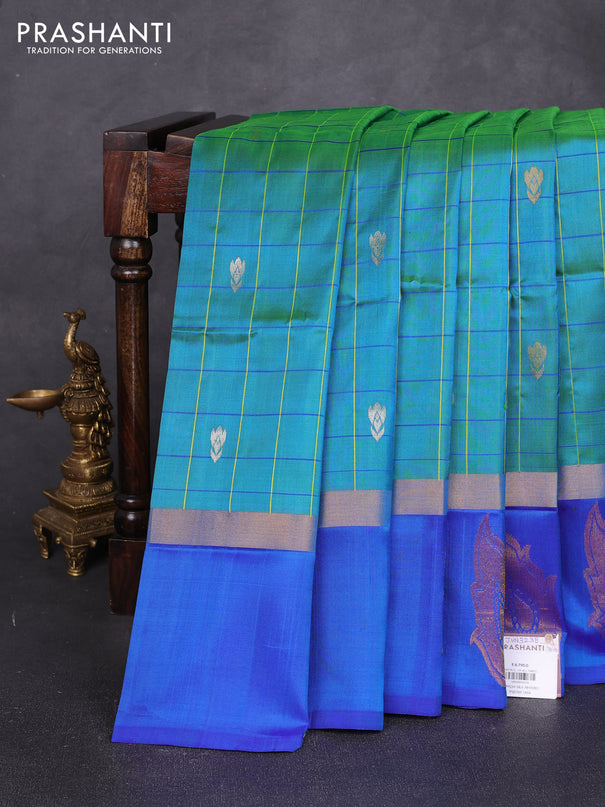 Pure uppada silk saree dual shade of greenish blue and blue with allover checks & zari woven buttas and zari woven butta border