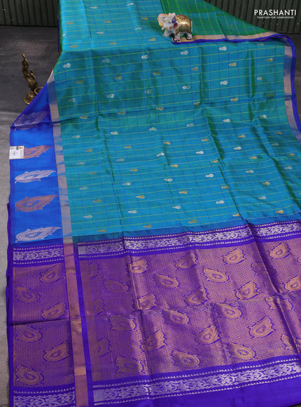 Pure uppada silk saree dual shade of greenish blue and blue with allover checks & zari woven buttas and zari woven butta border