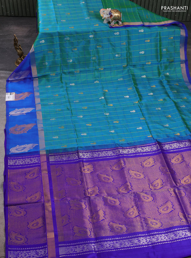 Pure uppada silk saree dual shade of greenish blue and blue with allover checks & zari woven buttas and zari woven butta border