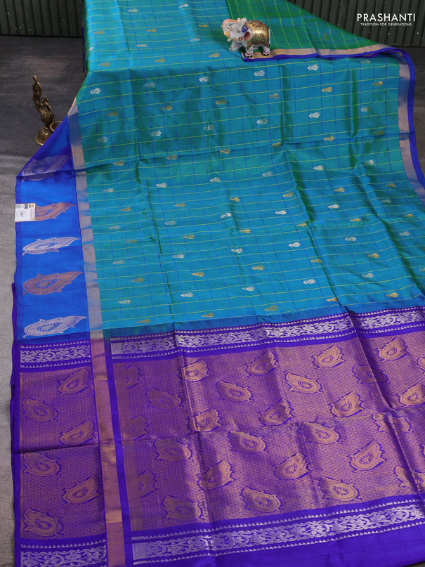 Pure uppada silk saree dual shade of greenish blue and blue with allover checks & zari woven buttas and zari woven butta border