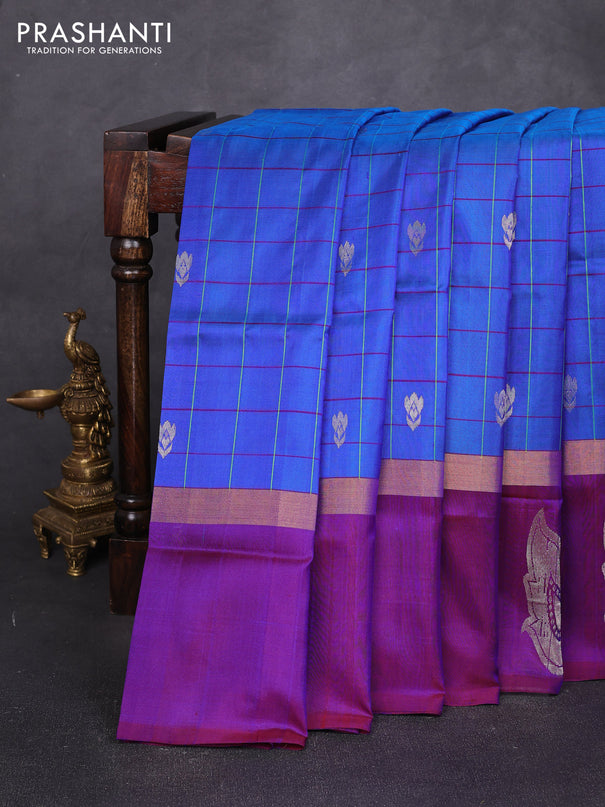 Pure uppada silk saree cs blue and deep purple with allover checks & zari woven buttas and zari woven butta border