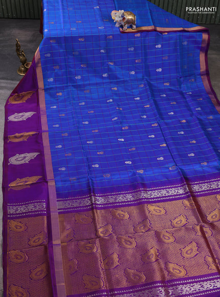 Pure uppada silk saree cs blue and deep purple with allover checks & zari woven buttas and zari woven butta border