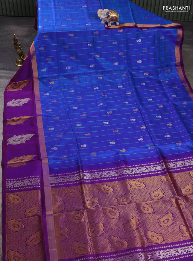 Pure uppada silk saree cs blue and deep purple with allover checks & zari woven buttas and zari woven butta border