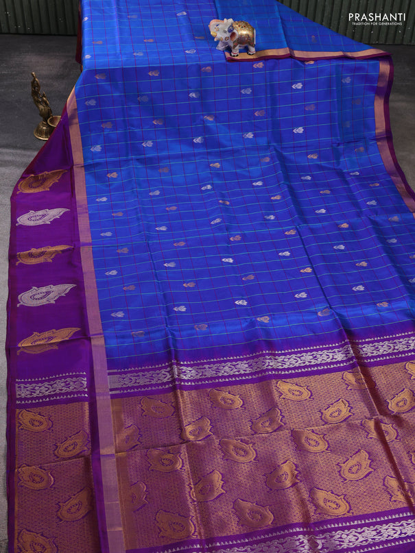 Pure uppada silk saree cs blue and deep purple with allover checks & zari woven buttas and zari woven butta border