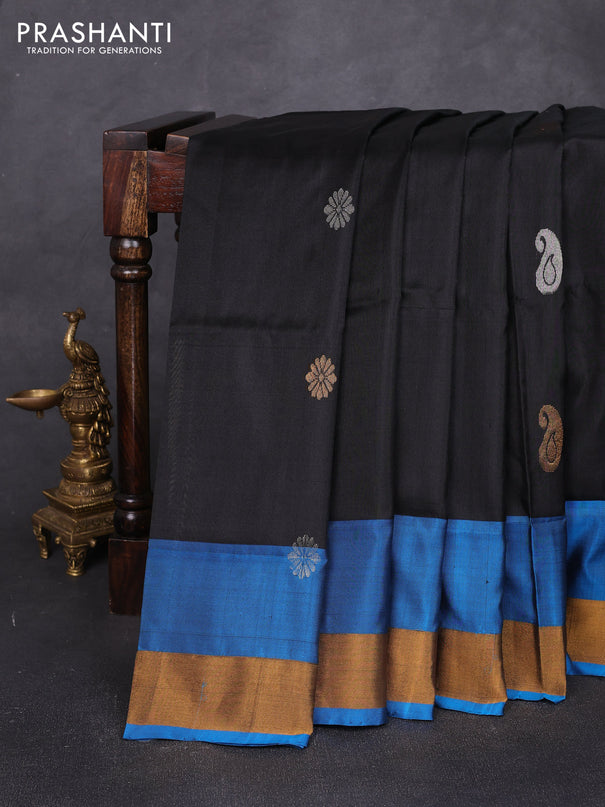 Pure uppada silk saree black and cs blue with allover silver & zari woven buttas and zari woven border