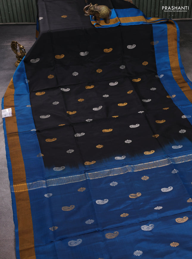 Pure uppada silk saree black and cs blue with allover silver & zari woven buttas and zari woven border