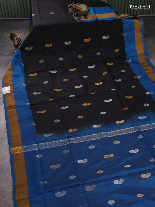 Pure uppada silk saree black and cs blue with allover silver & zari woven buttas and zari woven border