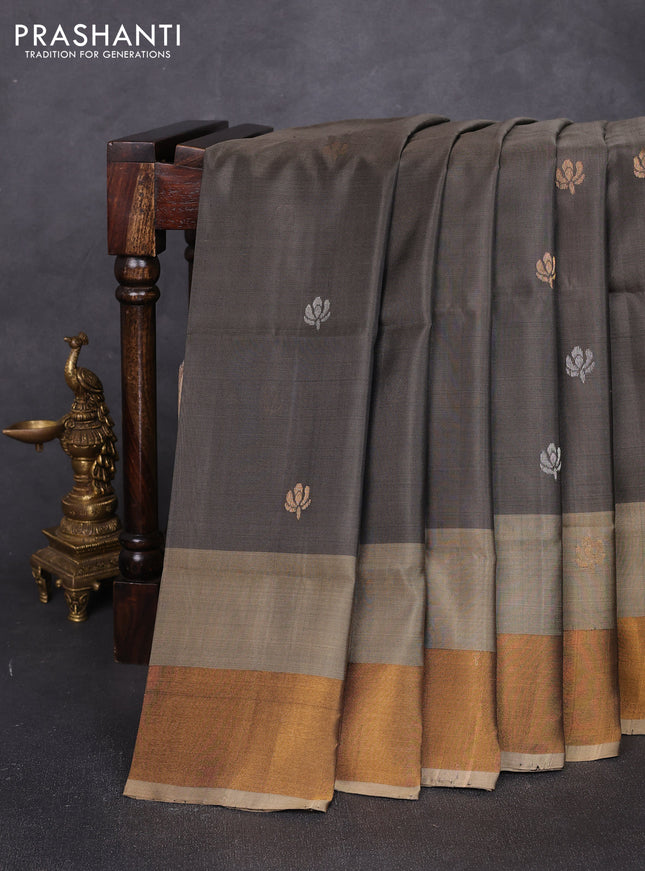 Pure uppada silk saree olive green and beige with allover silver & zari woven buttas and zari woven border