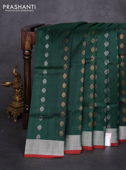 Pure uppada silk saree bottle green and red with allover silver & zari woven buttas and zari woven border