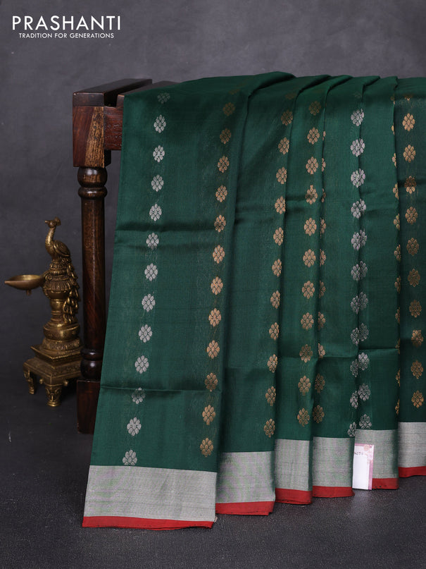 Pure uppada silk saree bottle green and red with allover silver & zari woven buttas and zari woven border