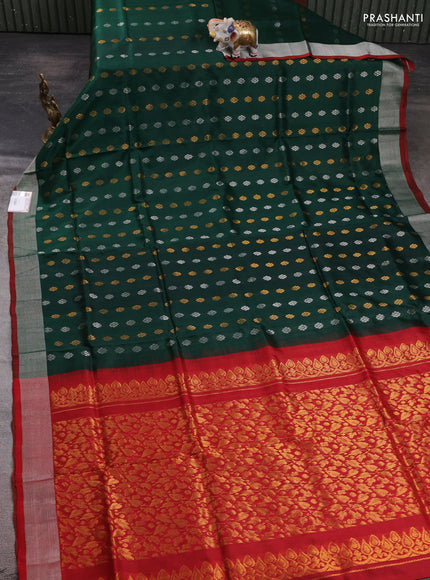 Pure uppada silk saree bottle green and red with allover silver & zari woven buttas and zari woven border