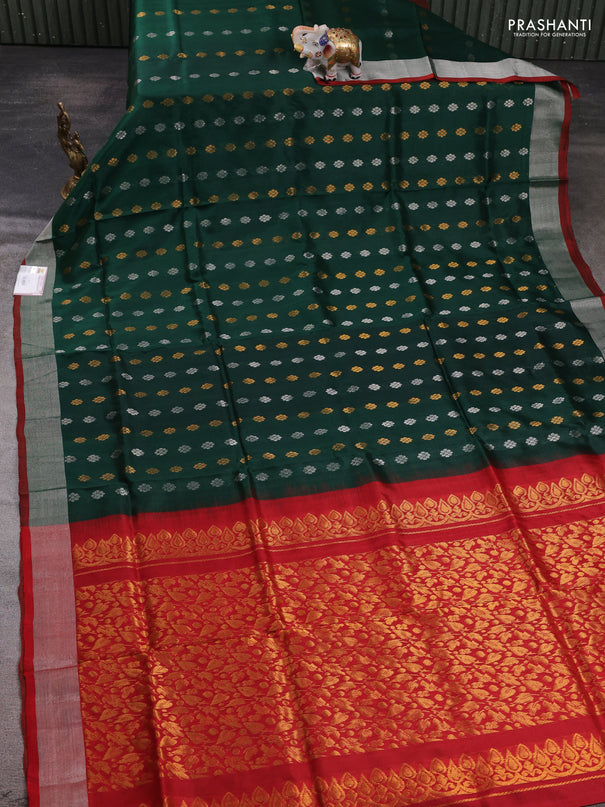 Pure uppada silk saree bottle green and red with allover silver & zari woven buttas and zari woven border