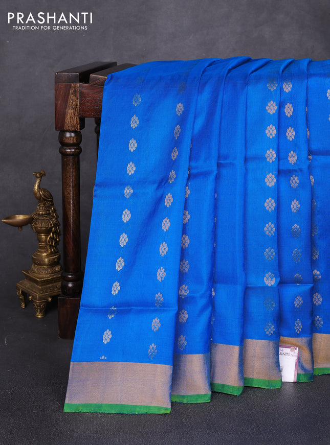 Pure uppada silk saree cs blue and light green with allover silver & zari woven buttas and zari woven border