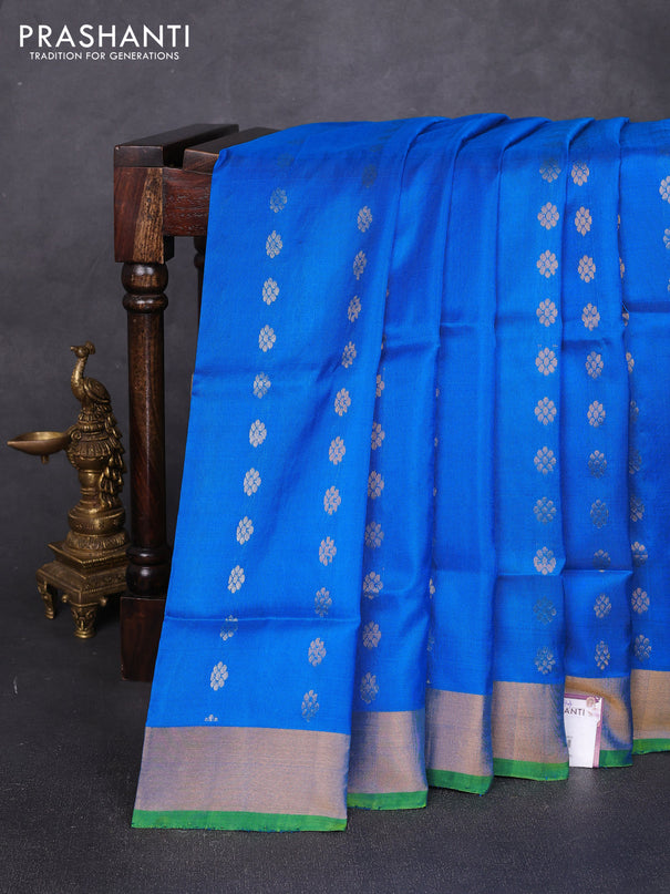 Pure uppada silk saree cs blue and light green with allover silver & zari woven buttas and zari woven border
