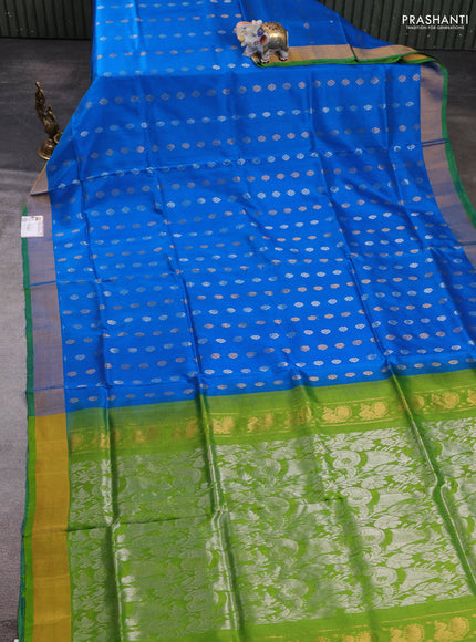 Pure uppada silk saree cs blue and light green with allover silver & zari woven buttas and zari woven border